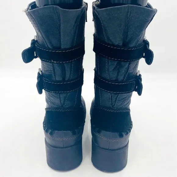 Earth Women's Black Leather Hemlock Heeled Boots Buckle Strap Side Zip Size 7B