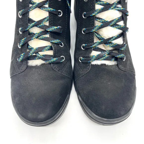Eileen Fisher Black Calm Genuine Shearling Trim Lace Up Hiking Boot Size 9