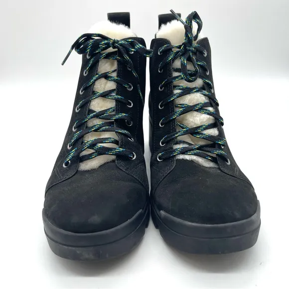 Eileen Fisher Black Calm Genuine Shearling Trim Lace Up Hiking Boot Size 9