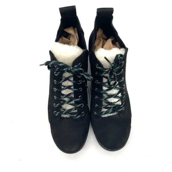 Eileen Fisher Black Calm Genuine Shearling Trim Lace Up Hiking Boot Size 9