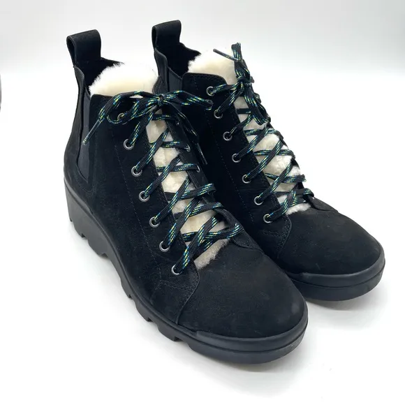 Eileen Fisher Black Calm Genuine Shearling Trim Lace Up Hiking Boot Size 9