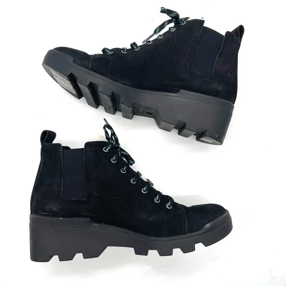 Eileen Fisher Black Calm Genuine Shearling Trim Lace Up Hiking Boot Size 9