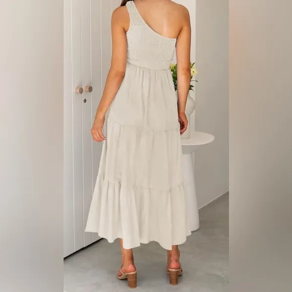 Elegant Cream Ruffle Dress Bohemian One Shoulder Sleeveless Smocked Ruffle