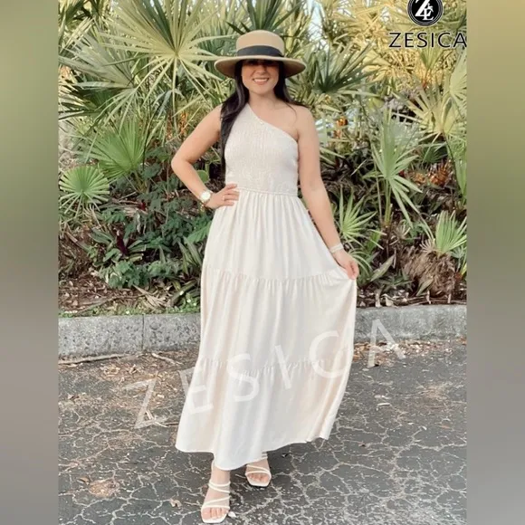 Elegant Cream Ruffle Dress Bohemian One Shoulder Sleeveless Smocked Ruffle