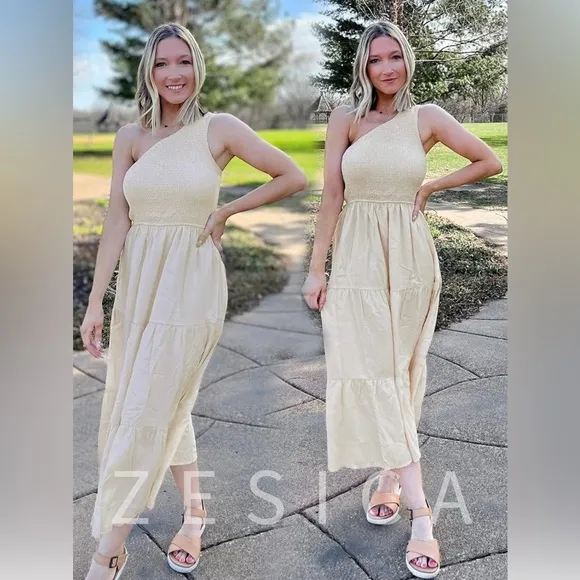 Elegant Cream Ruffle Dress Bohemian One Shoulder Sleeveless Smocked Ruffle