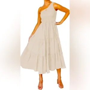 Elegant Cream Ruffle Dress Bohemian One Shoulder Sleeveless Smocked Ruffle