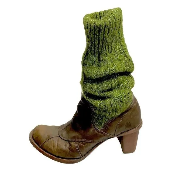 EL NATURALISTA Wool Slouchy Sock Winter Leather Boots Heel Brown Green 7