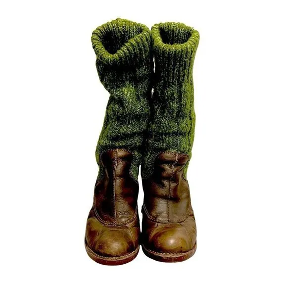 EL NATURALISTA Wool Slouchy Sock Winter Leather Boots Heel Brown Green 7