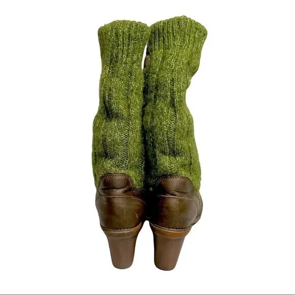 EL NATURALISTA Wool Slouchy Sock Winter Leather Boots Heel Brown Green 7
