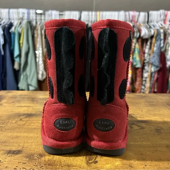 EMU Australia Girls Ladybird Red and Black Suede Merino Wool Boots K8