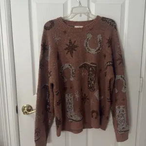 Entro Warm Brown Knit Sweater western glitter detail size large