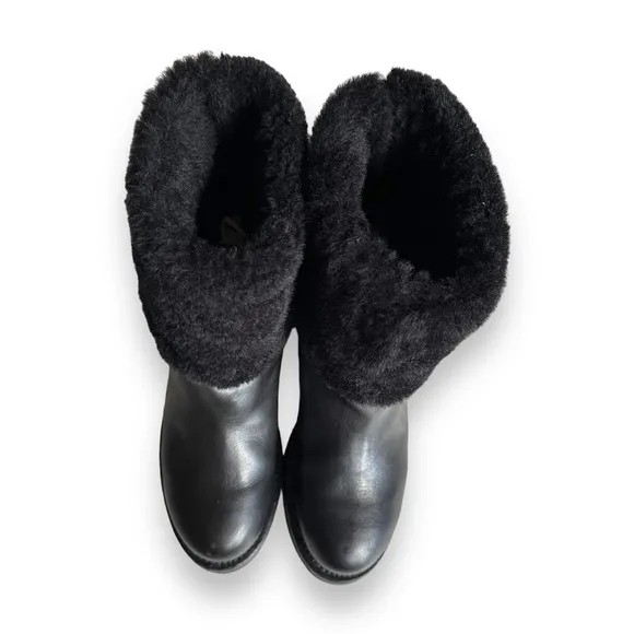 Ermanno Scervino Black Leather Lug Sole Shearling Cuff Boots Size EU36/US 5.5