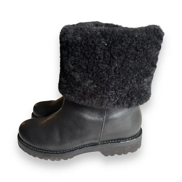 Ermanno Scervino Black Leather Lug Sole Shearling Cuff Boots Size EU36/US 5.5