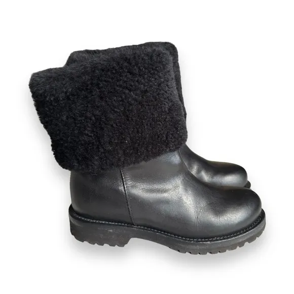 Ermanno Scervino Black Leather Lug Sole Shearling Cuff Boots Size EU36/US 5.5