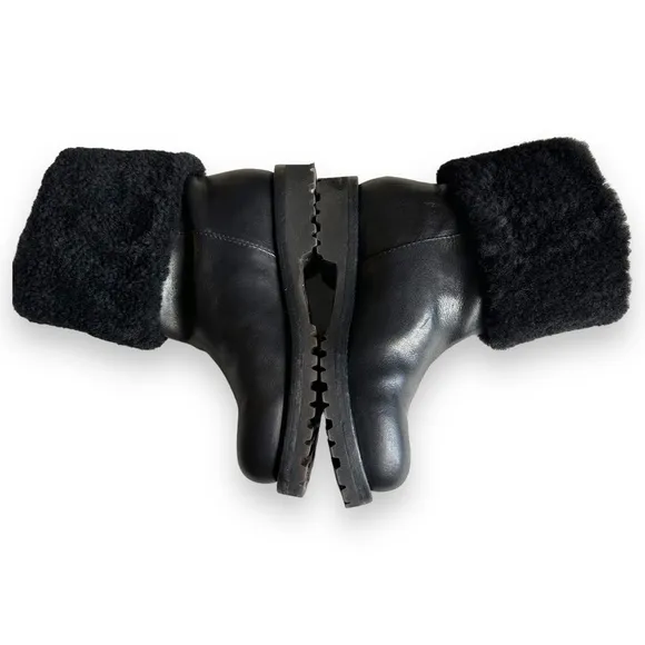 Ermanno Scervino Black Leather Lug Sole Shearling Cuff Boots Size EU36/US 5.5