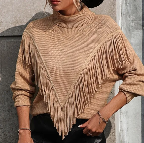Esme Fringe Turtleneck Sweater - Tan