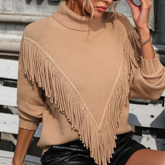 Esme Fringe Turtleneck Sweater - Tan
