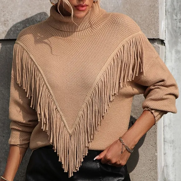 Esme Fringe Turtleneck Sweater - Tan