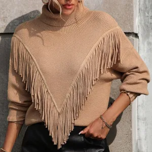 Esme Fringe Turtleneck Sweater - Tan