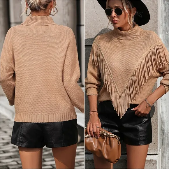 Esme Fringe Turtleneck Sweater - Tan