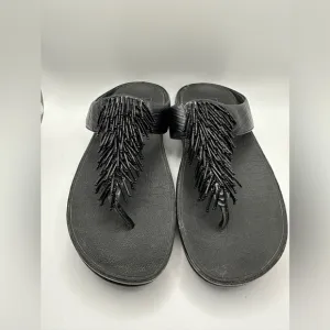 Fitflops Women’s Size 8 Cha Cha Black Sandals Beaded Thong Wedge Beach Embellish