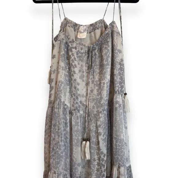 FleaStyle Grey Star Printed Tiered Chiffon Maxi Dress w/ smocked neck &amp; Tassels
