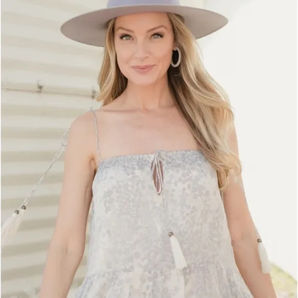 FleaStyle Grey Star Printed Tiered Chiffon Maxi Dress w/ smocked neck &amp; Tassels