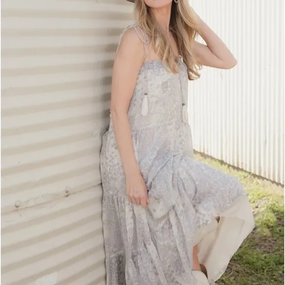 FleaStyle Grey Star Printed Tiered Chiffon Maxi Dress w/ smocked neck &amp; Tassels