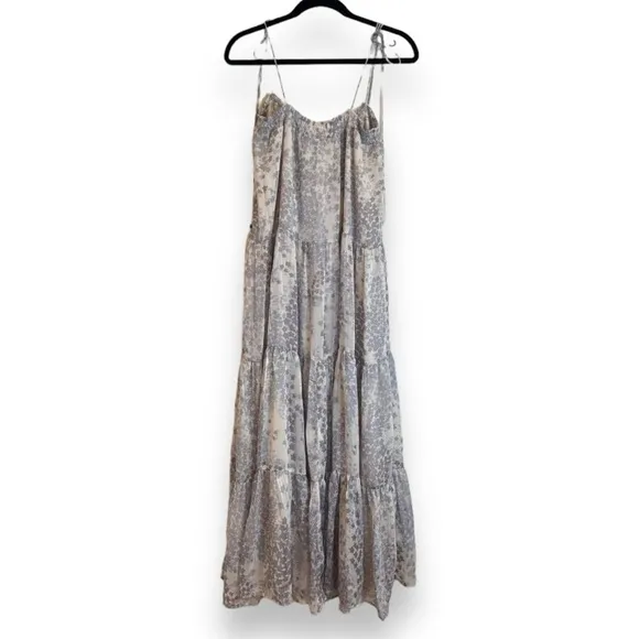 FleaStyle Grey Star Printed Tiered Chiffon Maxi Dress w/ smocked neck &amp; Tassels