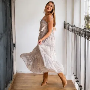 FleaStyle Grey Star Printed Tiered Chiffon Maxi Dress w/ smocked neck &amp; Tassels