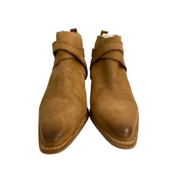 Free People Back Loop Heeled Ankle Boots Leather Slip On Pointed Toe Tan Sz 39.5