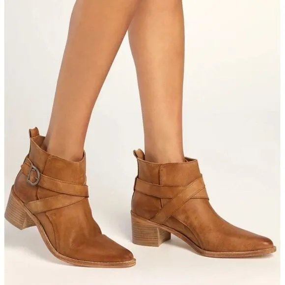 Free People Back Loop Heeled Ankle Boots Leather Slip On Pointed Toe Tan Sz 39.5
