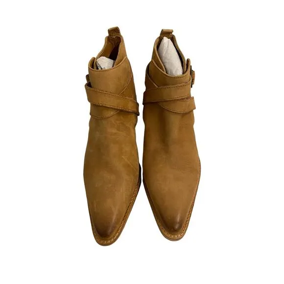 Free People Back Loop Heeled Ankle Boots Leather Slip On Pointed Toe Tan Sz 39.5