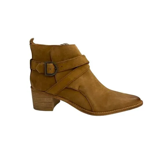 Free People Back Loop Heeled Ankle Boots Leather Slip On Pointed Toe Tan Sz 39.5