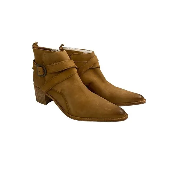 Free People Back Loop Heeled Ankle Boots Leather Slip On Pointed Toe Tan Sz 39.5