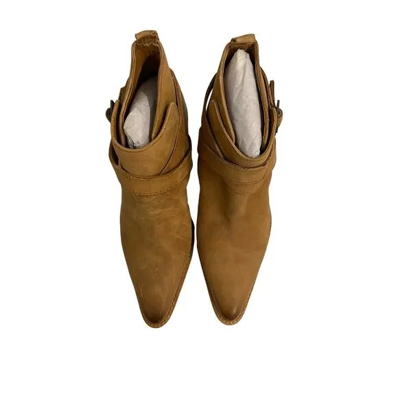 Free People Back Loop Heeled Ankle Boots Leather Slip On Pointed Toe Tan Sz 39.5