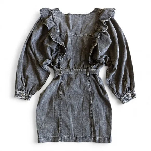 Free People Denim Washed Black Ruffled Western Mini Imogene Dress Sz S NWT
