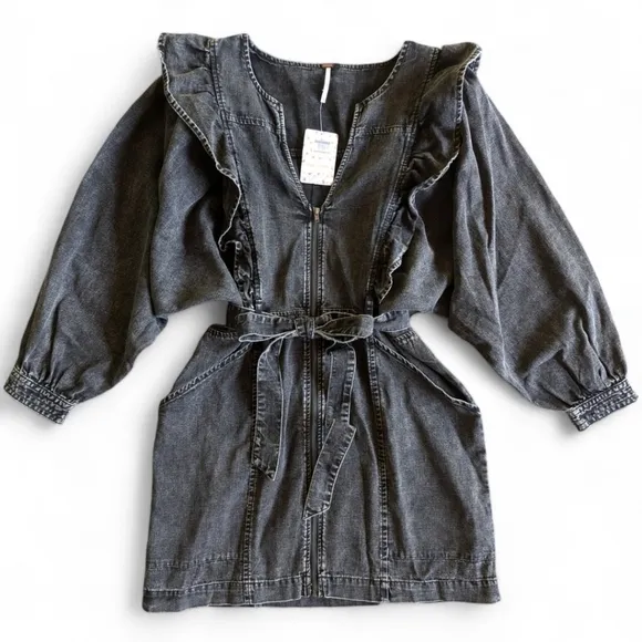 Free People Denim Washed Black Ruffled Western Mini Imogene Dress Sz S NWT