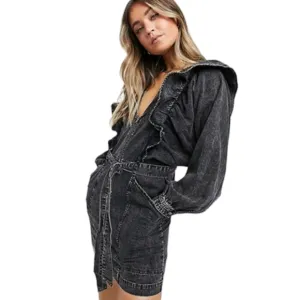 Free People Denim Washed Black Ruffled Western Mini Imogene Dress Sz S NWT