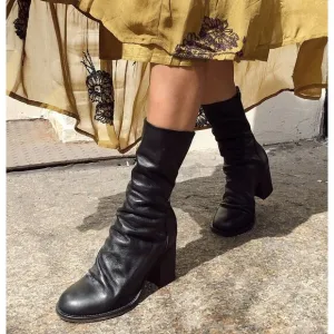 FREE PEOPLE Elle Block Heel Slouchy Leather Boots Black Sz 38 / 7.5