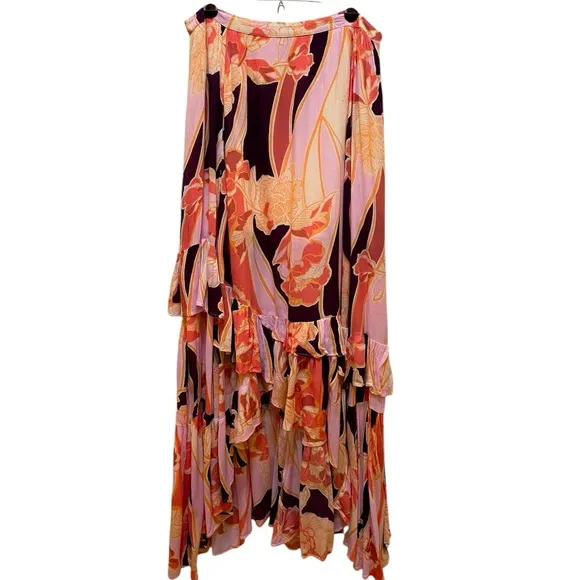 FREE PEOPLE Pink Cascading Multilayer Ruffled Bohemian Maxi Skirt Size 10