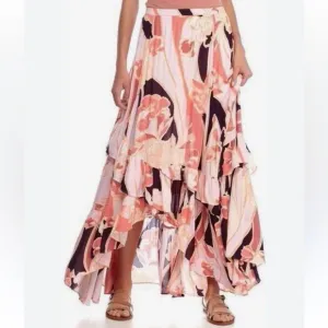 FREE PEOPLE Pink Cascading Multilayer Ruffled Bohemian Maxi Skirt Size 10