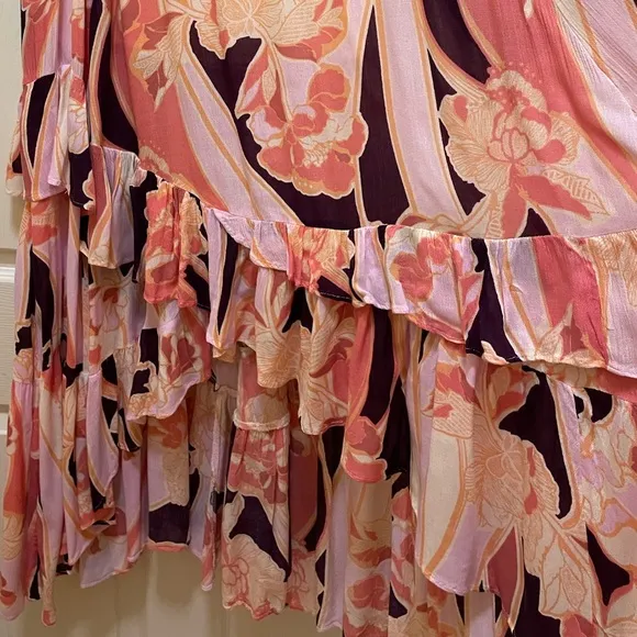 FREE PEOPLE Pink Cascading Multilayer Ruffled Bohemian Maxi Skirt Size 10