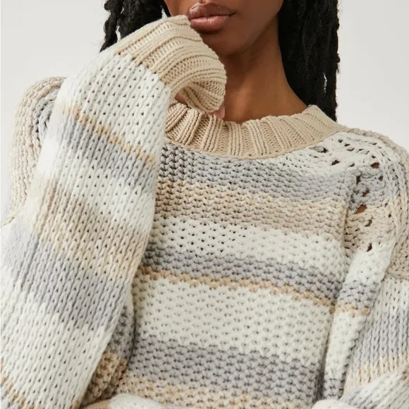 Free People XSmall Sweater Devon Crop Crewneck in Multicolor White Beige NWT