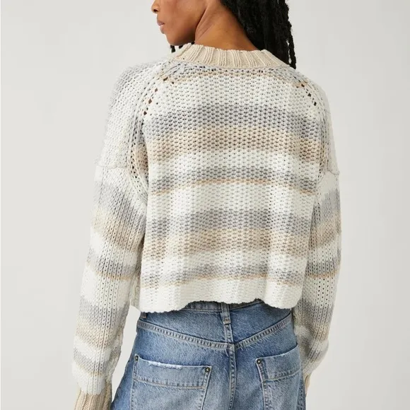 Free People XSmall Sweater Devon Crop Crewneck in Multicolor White Beige NWT