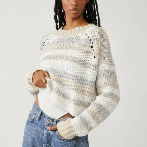 Free People XSmall Sweater Devon Crop Crewneck in Multicolor White Beige NWT
