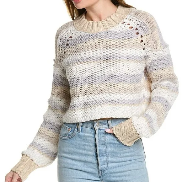 Free People XSmall Sweater Devon Crop Crewneck in Multicolor White Beige NWT