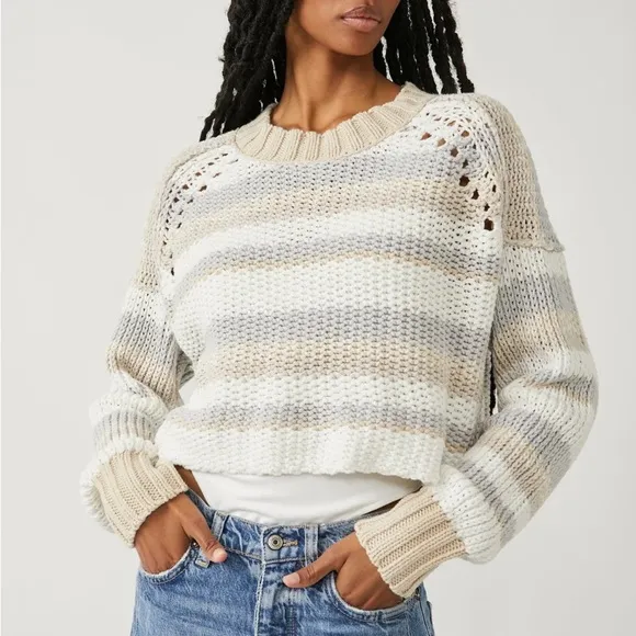 Free People XSmall Sweater Devon Crop Crewneck in Multicolor White Beige NWT