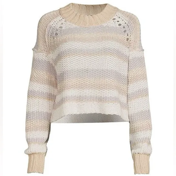 Free People XSmall Sweater Devon Crop Crewneck in Multicolor White Beige NWT