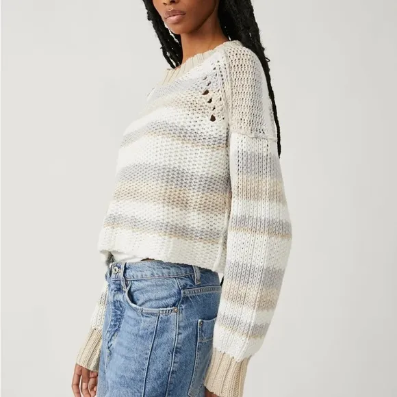 Free People XSmall Sweater Devon Crop Crewneck in Multicolor White Beige NWT